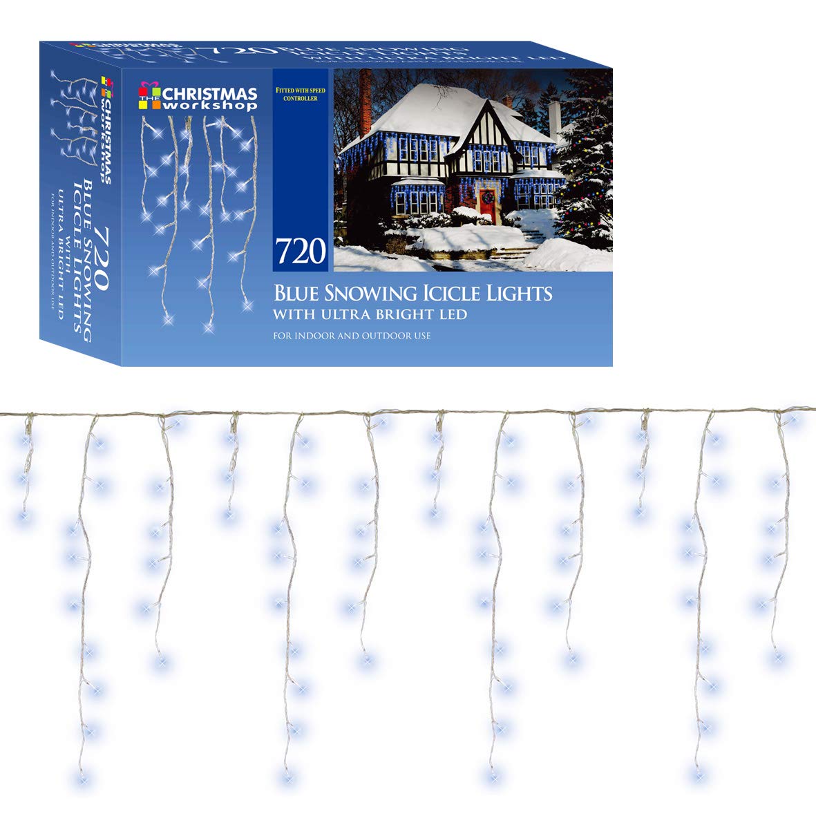 720 blue LED snowing icicle Christmas lights alternate view