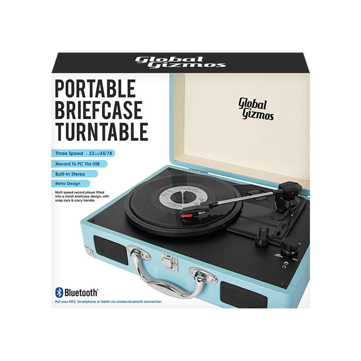 Blue suitcase turntable with USB MP3 transfer
