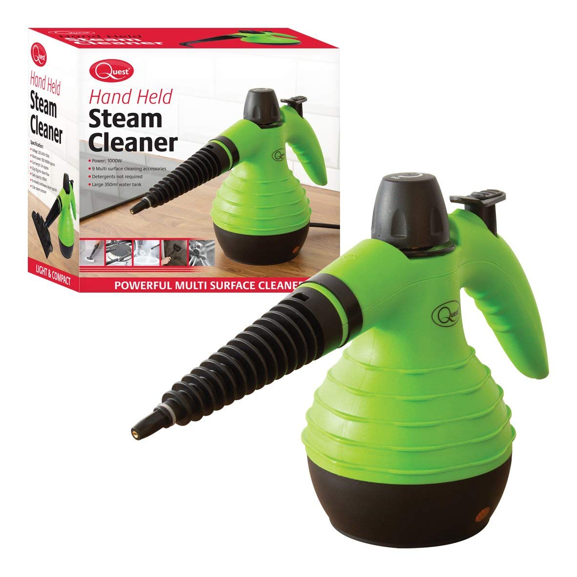 Quest handheld steam cleaner and nine cleaning accessories