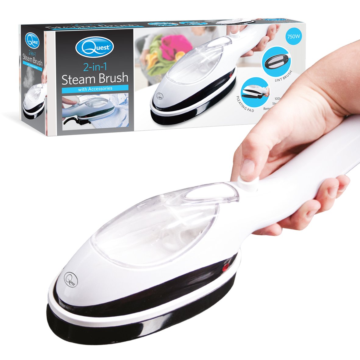 Quest garment steamer with pleating pad and brush