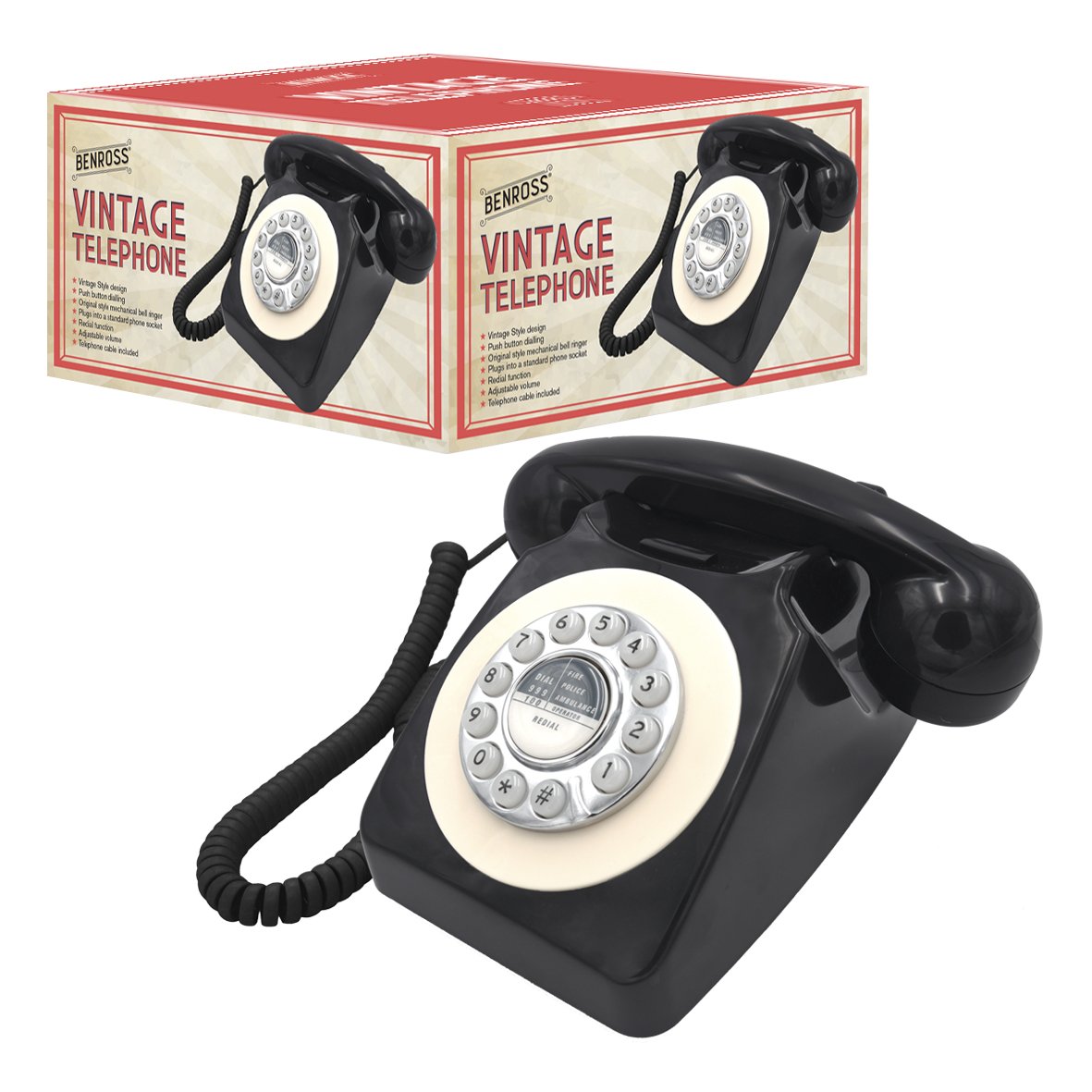 Benross black retro corded telephone with push-button dial