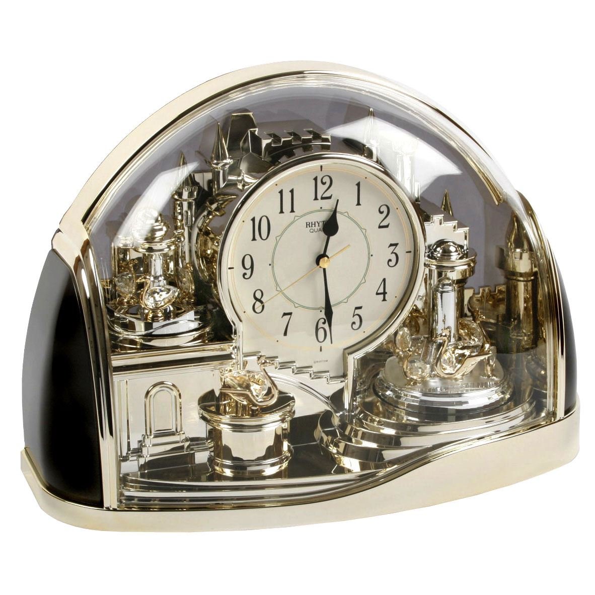 Rhythm gold half-moon mantel clock with rotating pendulums