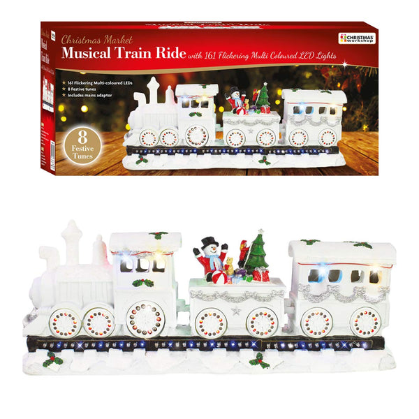 Musical Train Ornament, White with Multi LED