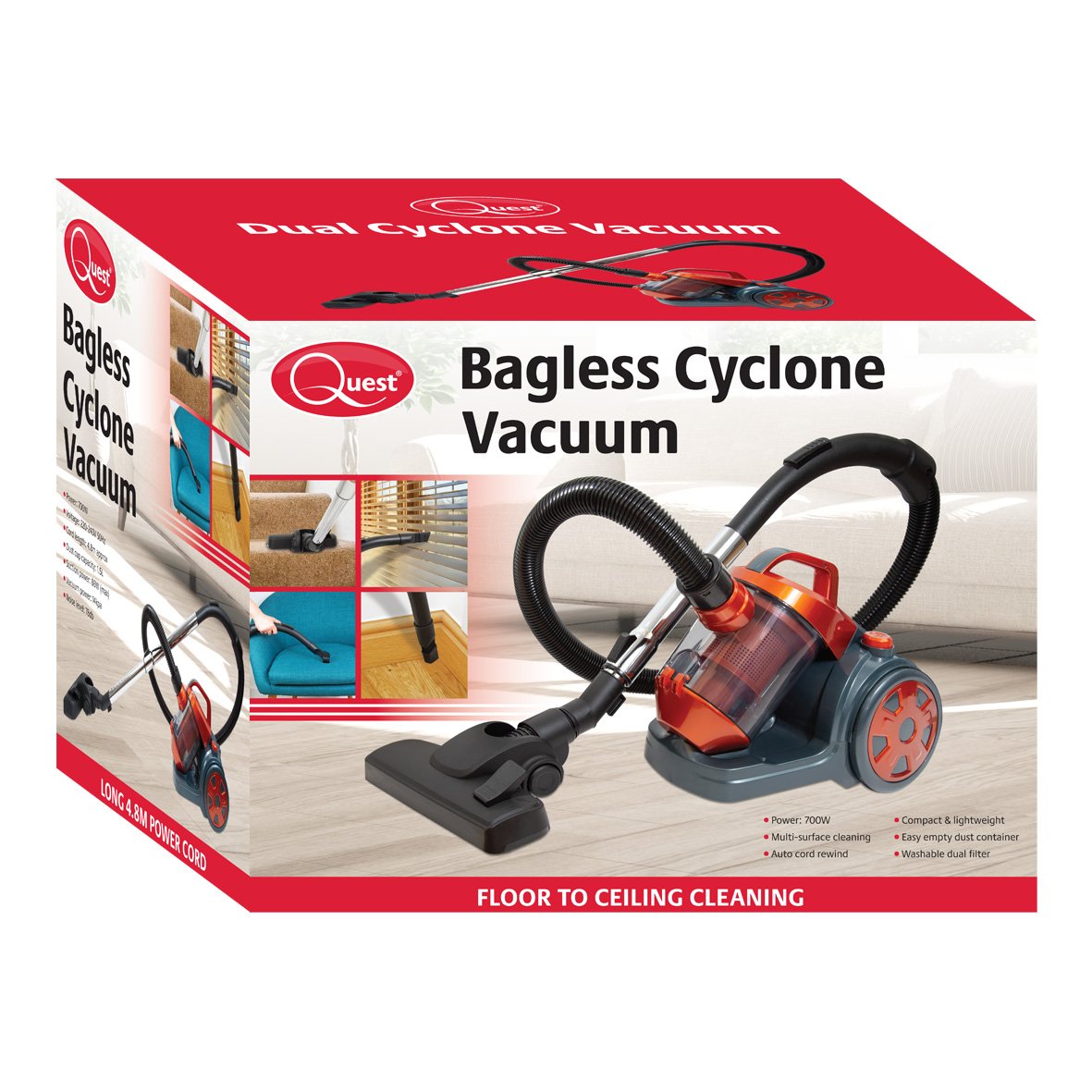 Quest 700W bagless cyclonic vacuum cleaner with 1.5L dust tank