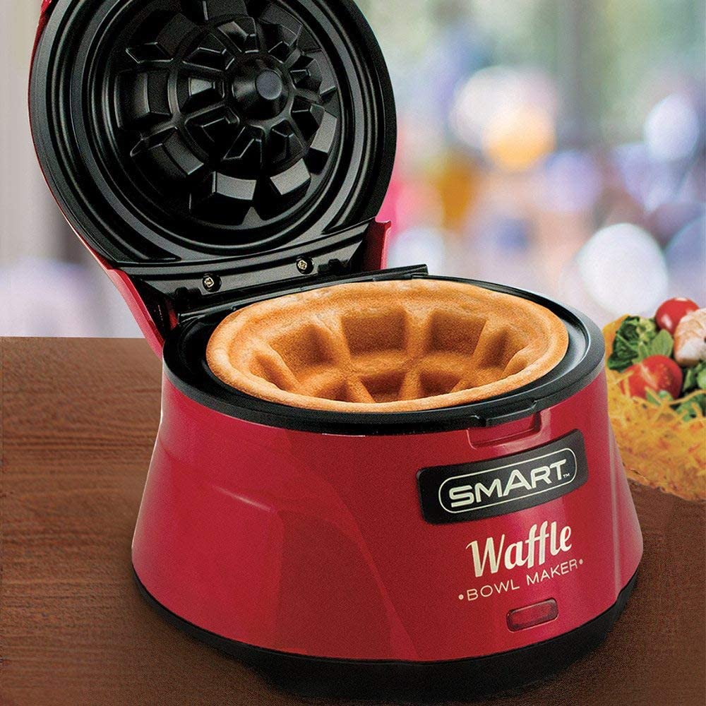 SMART red waffle bowl maker with non-stick cooking plates