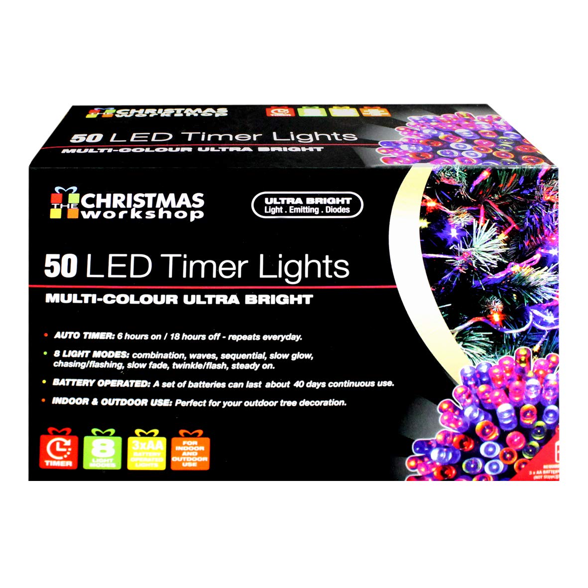 50 multicoloured LED battery timer Christmas lights