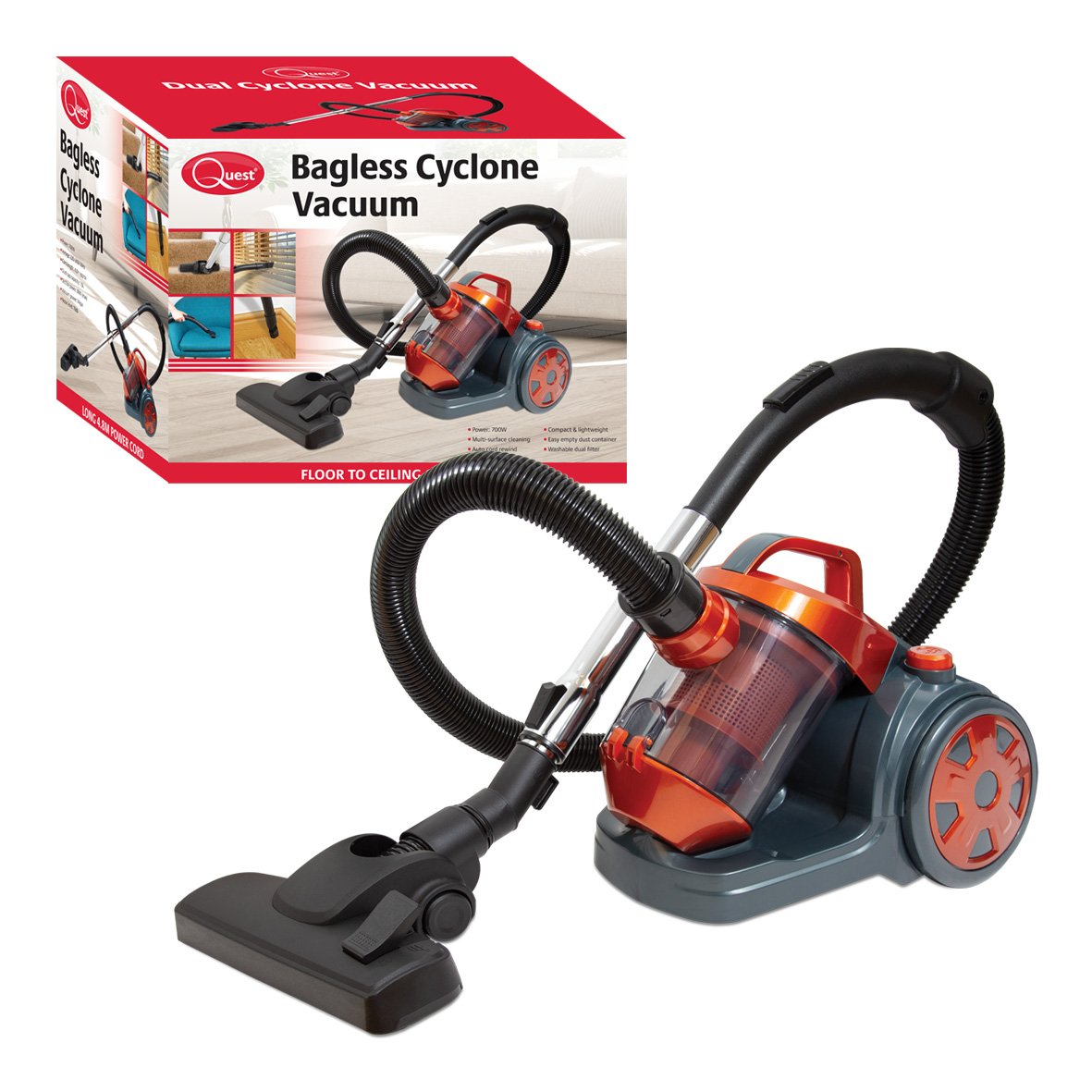 Quest bagless vacuum with telescopic tube and floor head