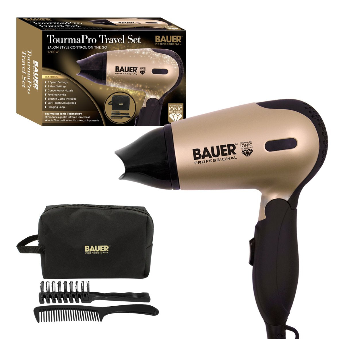 Bauer ionic tourmaline travel hair dryer set