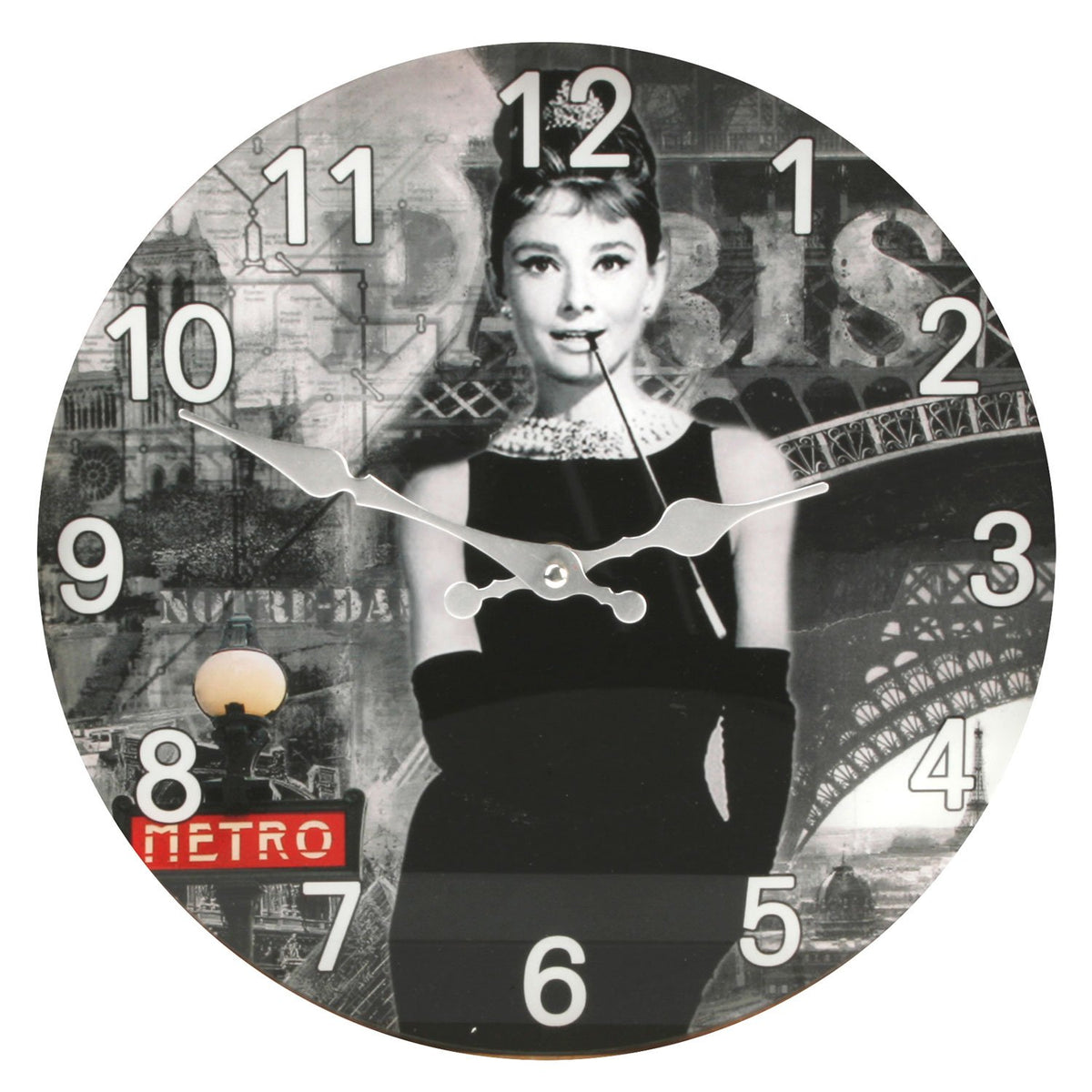 Hometime 30cm glass wall clock with Audrey Paris design
