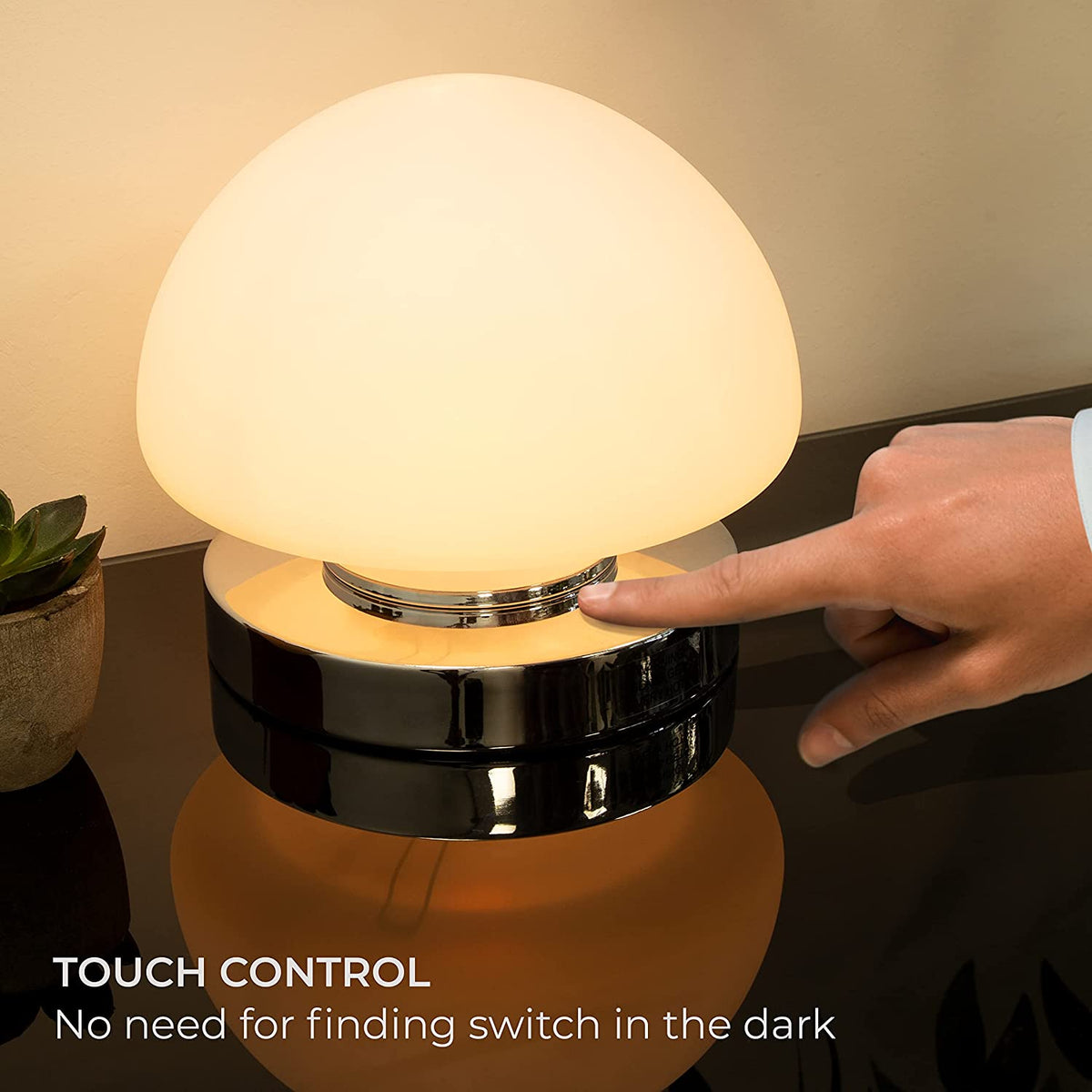 Chrome touch bedside lamp with frosted opal glass dome