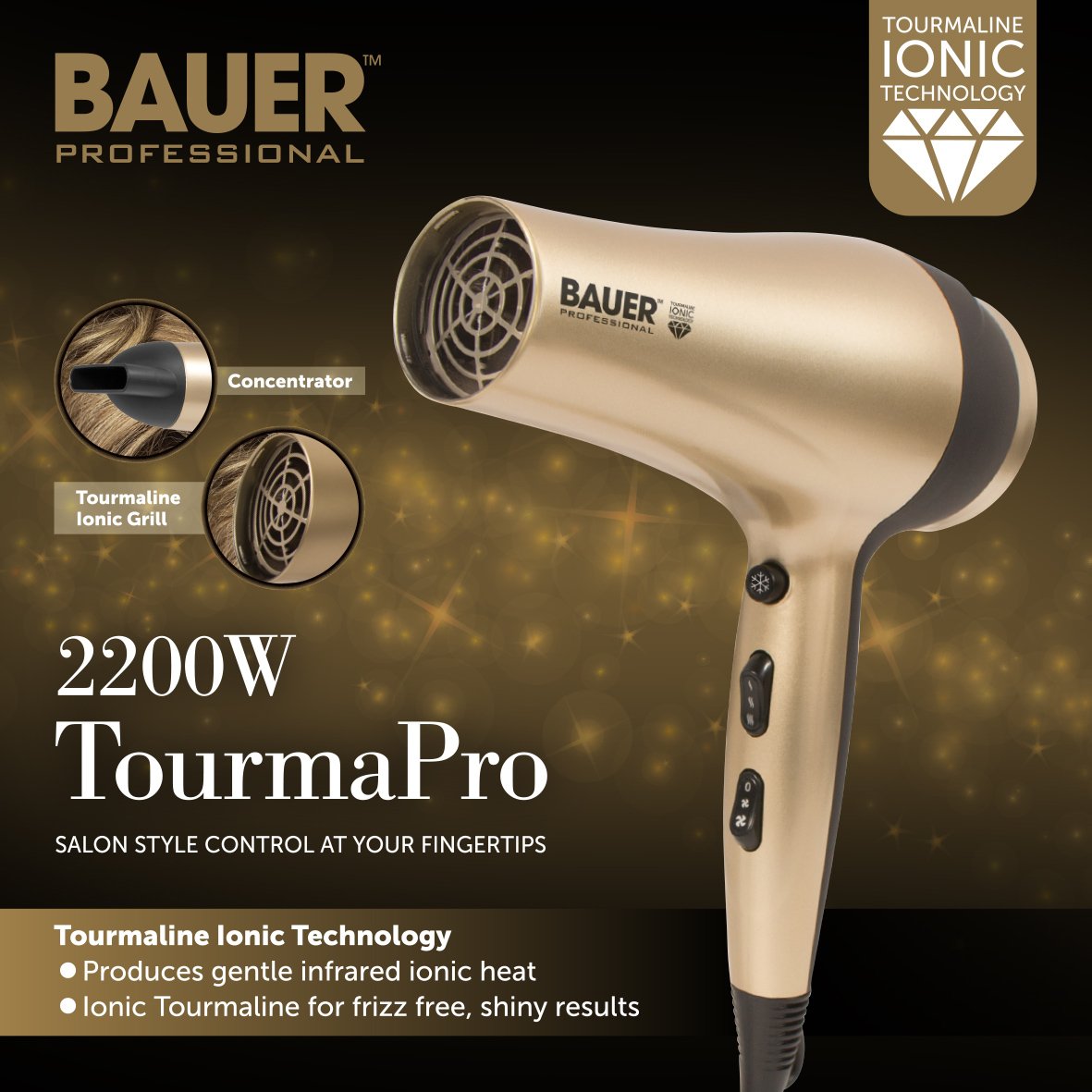 Bauer hair dryer with two speeds and three heat settings