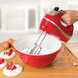 Quest 300W red five-speed hand mixer with attachments