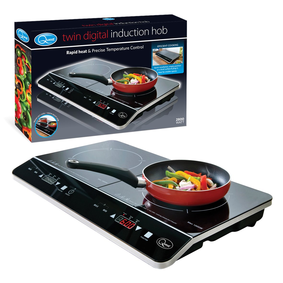 Quest twin induction hot plate black glass