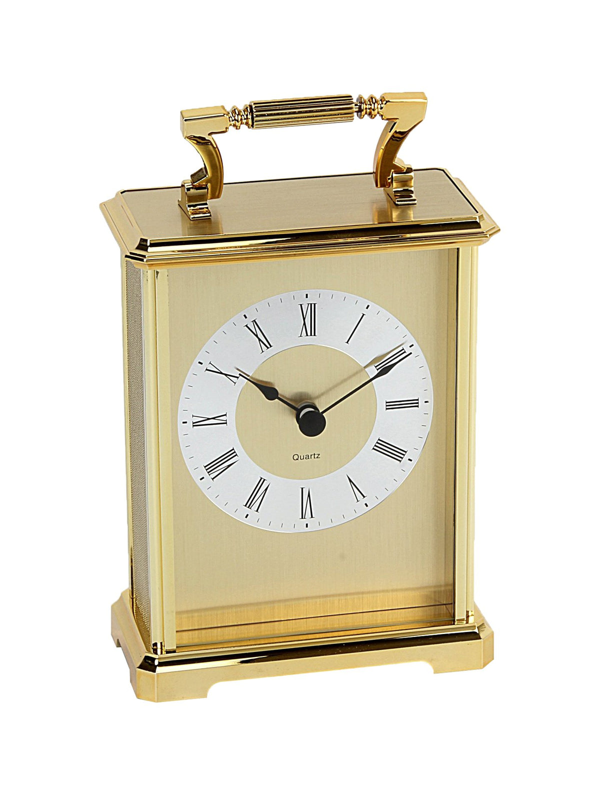 William Widdop W2406 gold carriage mantel clock with Roman numeral dial