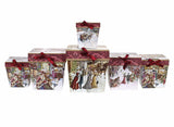 Six red Christmas gift boxes with snowy village design