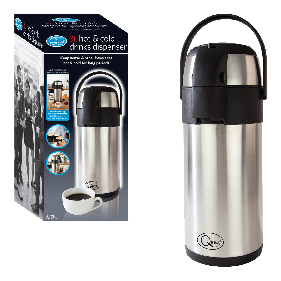 Pump-action hot and cold drinks dispenser with handle