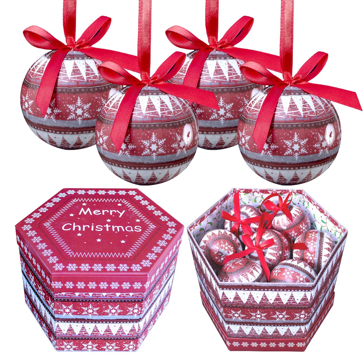 Red Nordic decoupage Christmas baubles alternate view