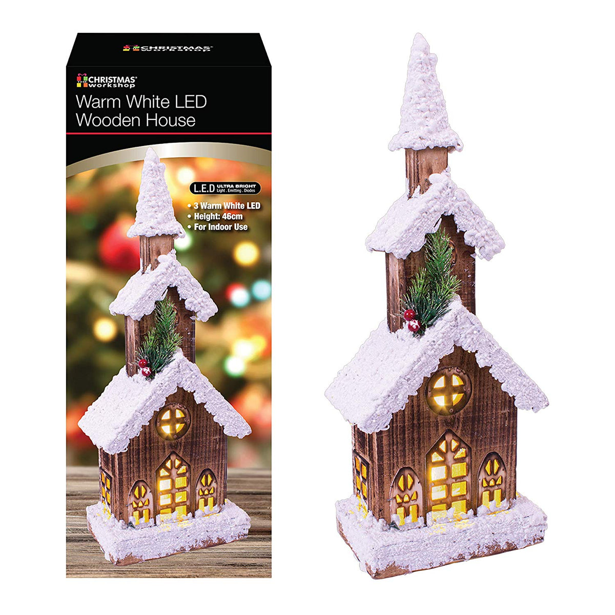 46cm three-tier wooden Christmas cabin with warm white LEDs