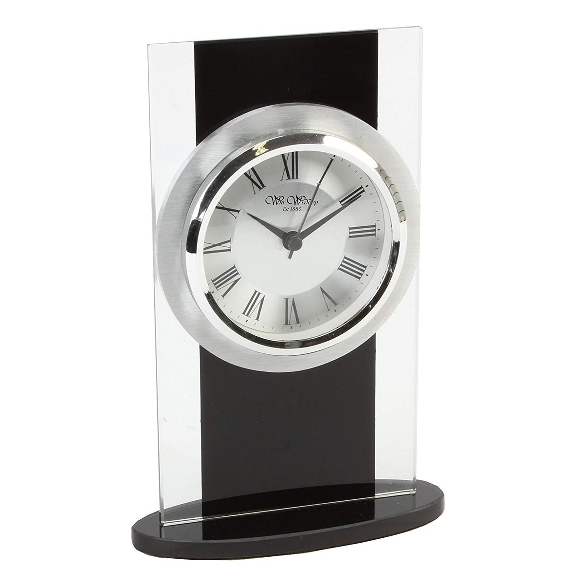 Wm Widdop black and clear glass mantel clock with Roman numerals