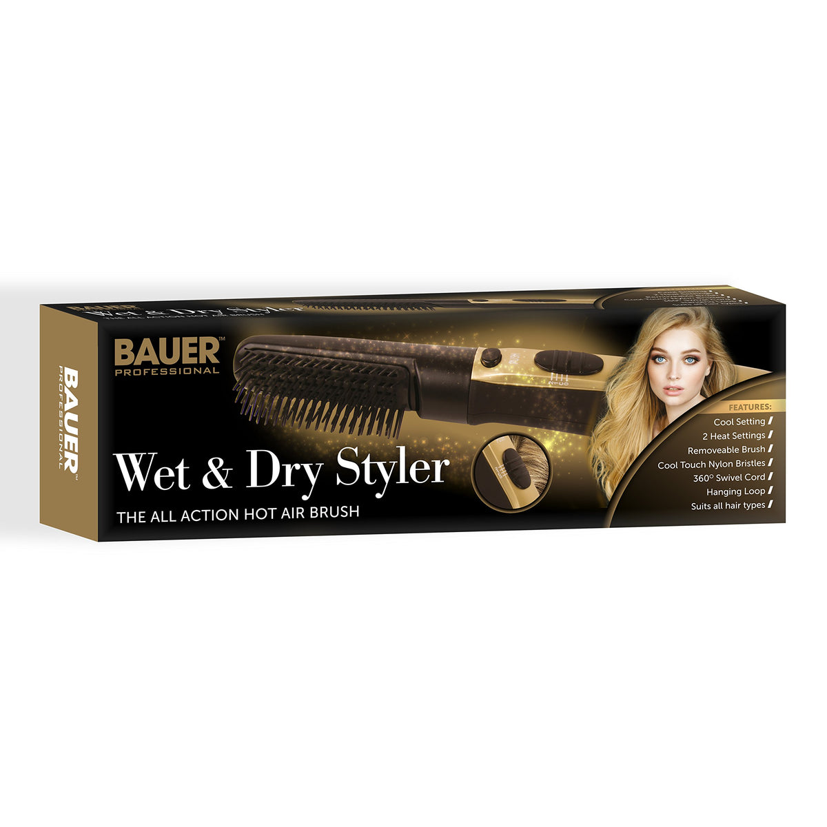 Hot air styling brush with two heat settings and cool mode