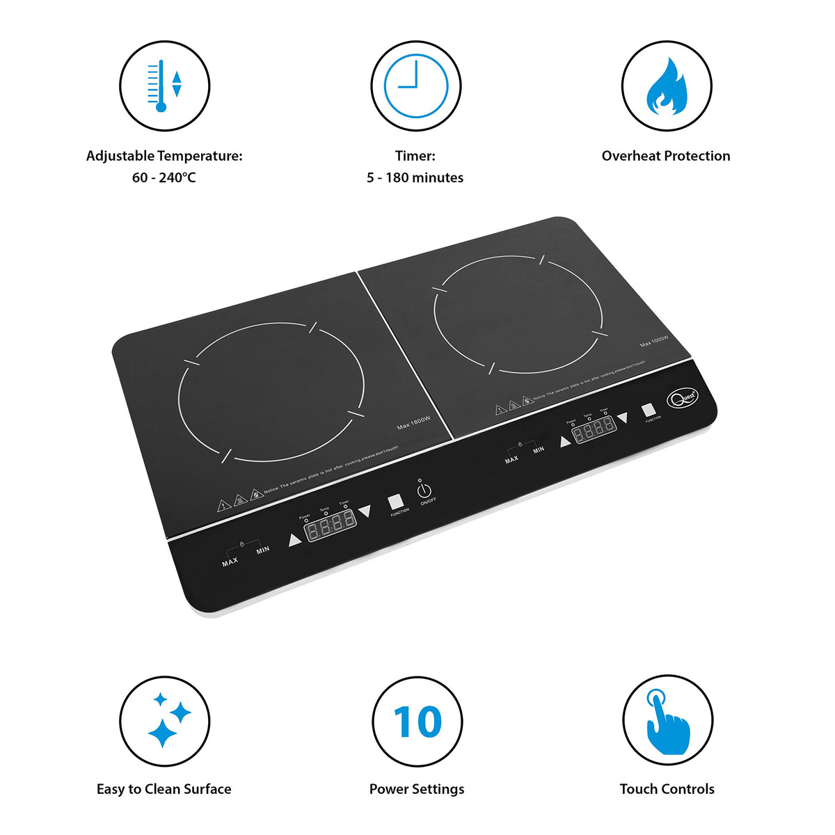 Quest twin induction hob with 10 temperature levels