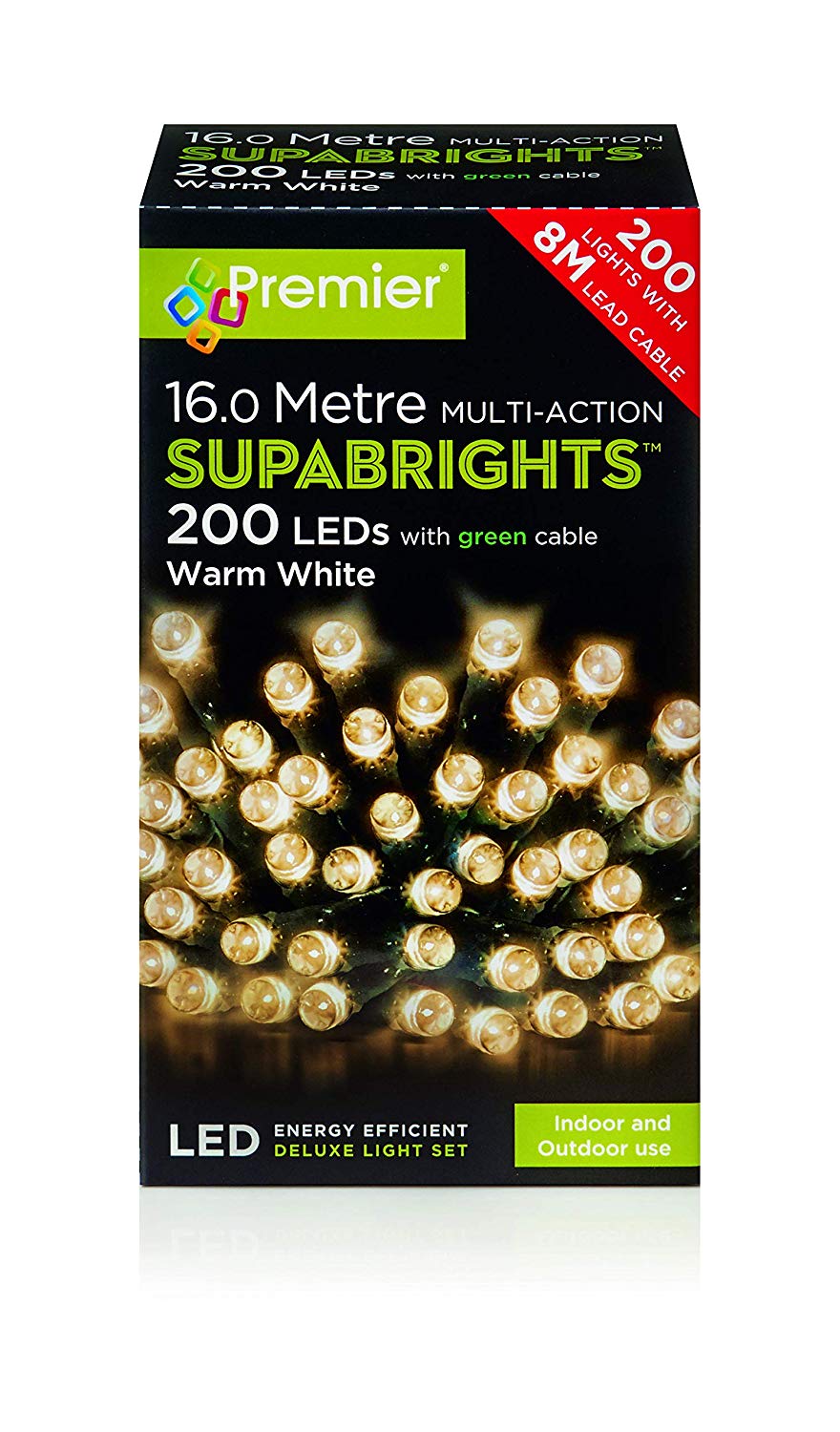 200 warm white LED Supabright tree lights with green cable