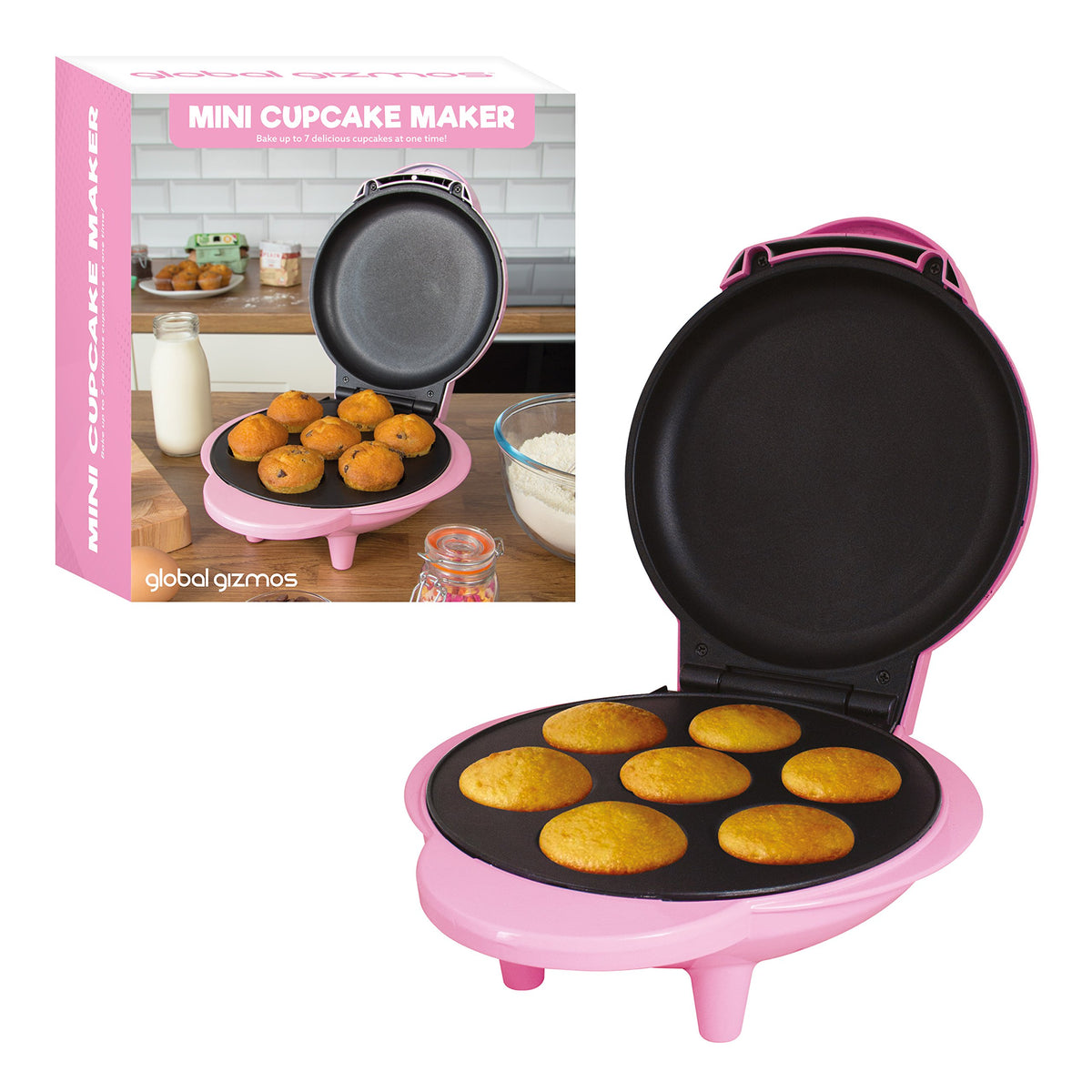 Pink mini muffin and cupcake maker with cool-touch handle