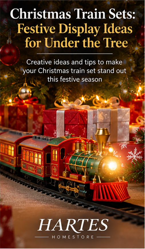 Christmas train set displayed under Christmas tree