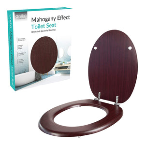 A wooden toilet seat with a lid in a close-up view, displayed in a box.