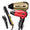 A stylish red and gold hair dryer, a black and gold hair brush, and a matching red and gold hair comb displayed together.