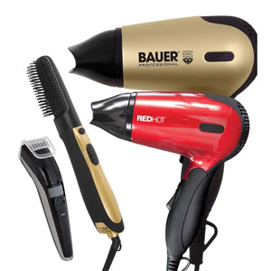 A stylish red and gold hair dryer, a black and gold hair brush, and a matching red and gold hair comb displayed together.