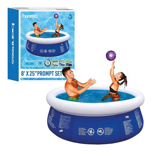 In an inflatable pool, a man and woman are engaged in a playful game with a ball, surrounded by summer fun.