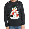 A man is seen wearing a whimsical snowman Christmas jumper, embodying the spirit of winter festivities and Christmas holiday cheer.