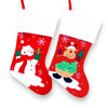 A pair of red and white Christmas stockings featuring delightful snowmen and charming reindeer illustrations.