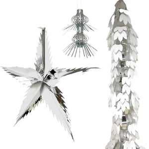 A collection of silver Christmas decorations featuring a sliver and White star, a silver and white garland, and a silver lantern ceiling decoration, all elegantly designed.