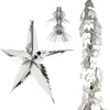 A collection of silver Christmas decorations featuring a sliver and White star, a silver and white garland, and a silver lantern ceiling decoration, all elegantly designed.