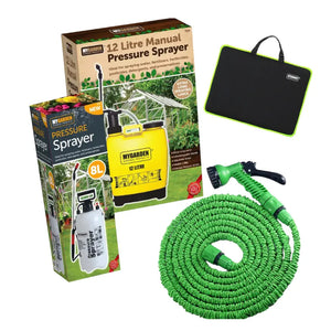  A garden hose coiled beside a sprayer and a bag of gardening tools, ready for outdoor maintenance and landscaping tasks.