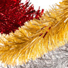 Close-up of Gold, Sliver and Red tinsel garlands, featuring its glimmering texture and colourful strands, perfect for Christmas holiday decorations.