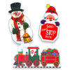  A festive scene featuring a Santa train, Santa please stop here sign alongside cheerful snowman window silhouettes, perfect Christmas decorations for inside the window.