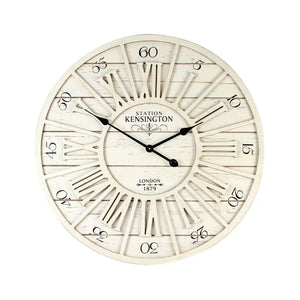 A cream coloured wall clock featuring Roman numerals and a classic black and cream ivory coloured face, elegantly displaying the time.