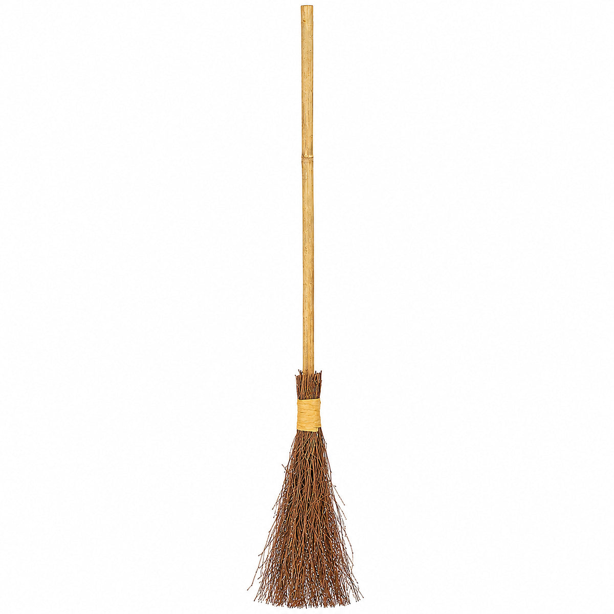 90cm witches broomstick with wooden handle and natural brown twig bristles, on white background