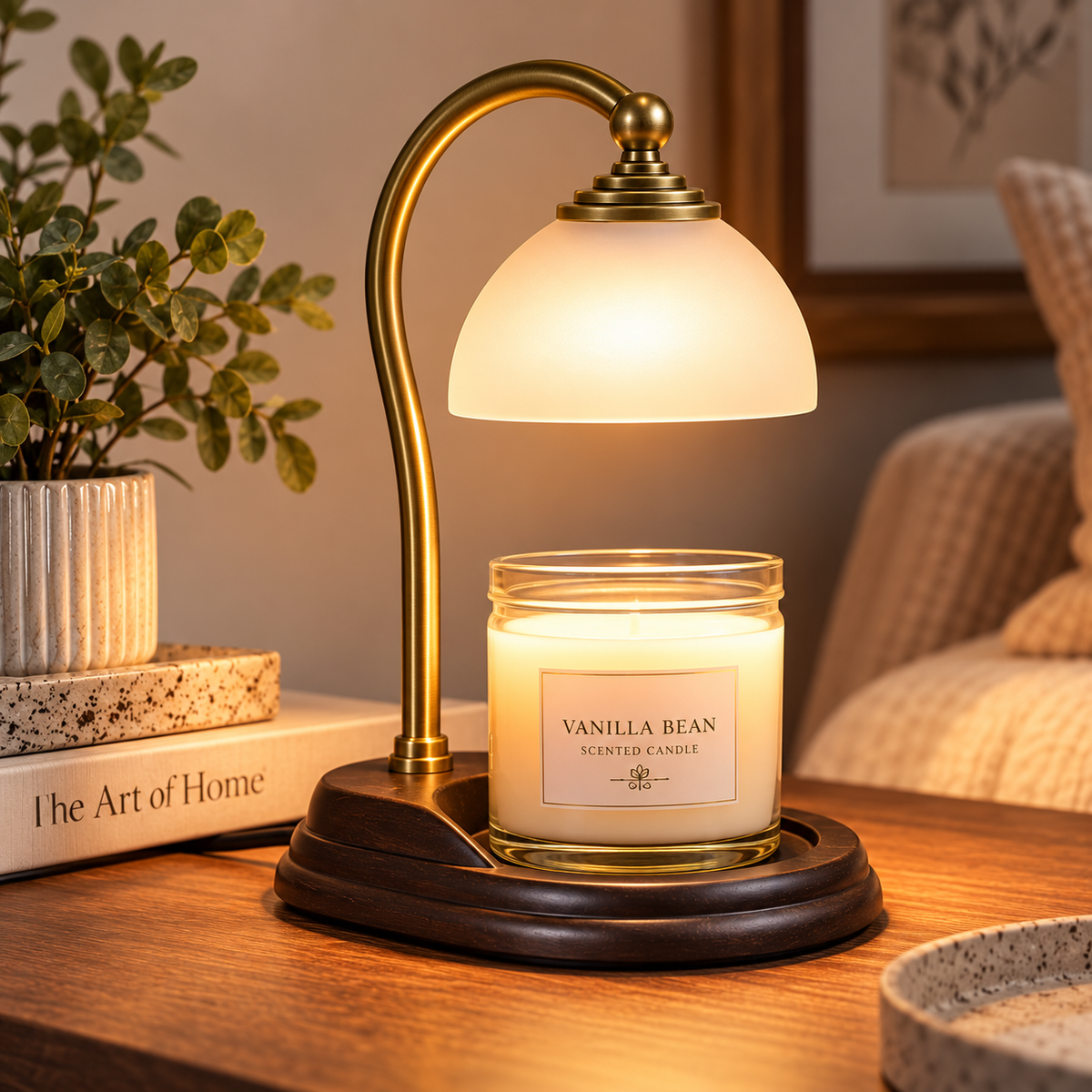 Aurora brass candle warmer lamp warming an unlit vanilla jar candle in a cosy home setting