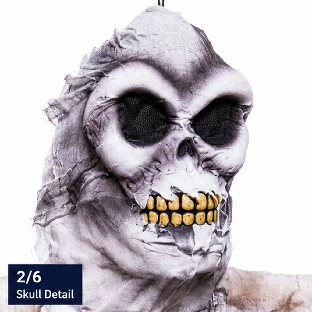 Halloween hanging skull decoration scary face detail with black eyes and yellow teeth