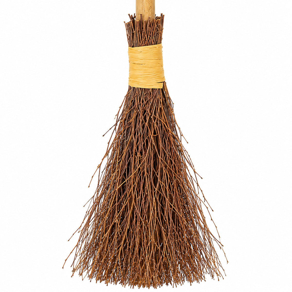 Close-up of brown twig bristles and wrapped binding on Halloween witches broomstick