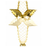 Close-up of embossed gold and cream pleated fans and lattice on a festive foil garland