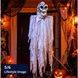 Halloween haunted doorway styled scene with 6ft hanging white ghost skull decoration