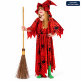 Child in red Halloween witch costume holding wooden broomstick, costume not included