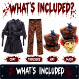 Mad Hatter four piece costume includes coat trousers hat and mask