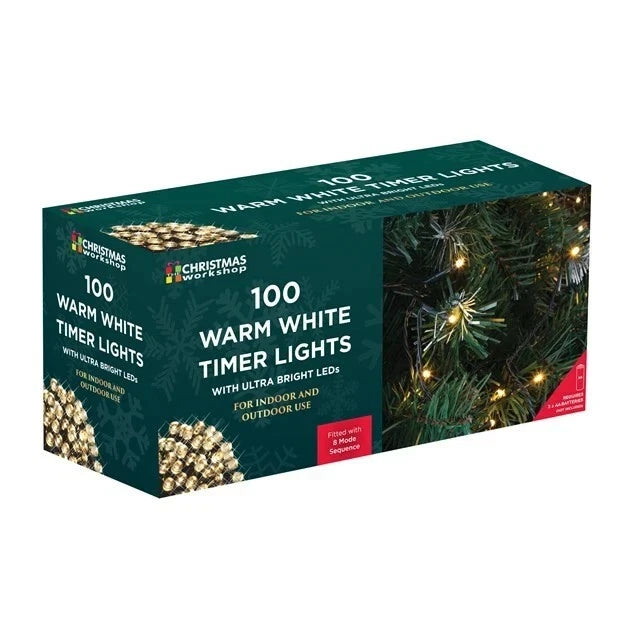 100 LED warm white battery timer Christmas lights box
