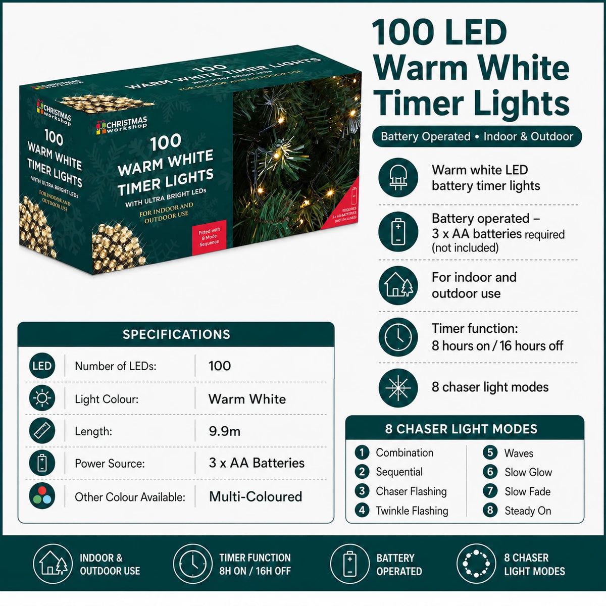 100 LED warm white battery timer Christmas lights specifications
